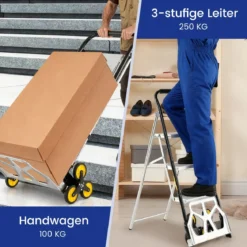 2-in-1 Klappkarre & Leiter Aluminium 3-Stufen Hocker mit rutschfesten Pedalen Schwerlast tragbarer Sackkarren Silber