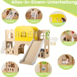 7-in-1 Kleinkind-Rutsche mit Kletterleiter Basketballkorb Tunnel & Stauraum Kinder Rutsche Bunt