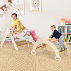 4 in 1 Kletterdreieck mit Rutsche & Kletterbogen & Doppelseitige Rampe Klettergerüst Natur/Bunt/Mehrfärbig/Grau/Weiß