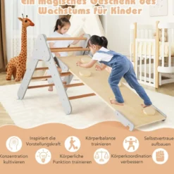4 in 1 Kletterdreieck mit Rutsche & Kletterbogen & Doppelseitige Rampe Klettergerüst Natur/Bunt/Mehrfärbig/Grau/Weiß
