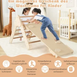 4 in 1 Kletterdreieck mit Rutsche & Kletterbogen & Doppelseitige Rampe Klettergerüst Natur/Bunt/Mehrfärbig/Grau/Weiß
