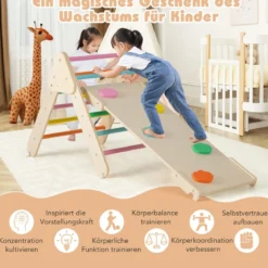 4 in 1 Kletterdreieck mit Rutsche & Kletterbogen & Doppelseitige Rampe Klettergerüst Natur/Bunt/Mehrfärbig/Grau/Weiß