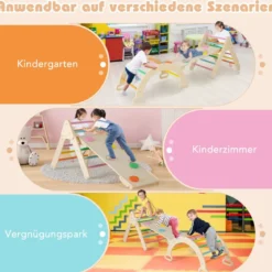 4 in 1 Kletterdreieck mit Rutsche & Kletterbogen & Doppelseitige Rampe Klettergerüst Natur/Bunt/Mehrfärbig/Grau/Weiß