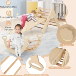 4 in 1 Kletterdreieck mit Rutsche & Kletterbogen & Doppelseitige Rampe Klettergerüst Natur/Bunt/Mehrfärbig/Grau/Weiß
