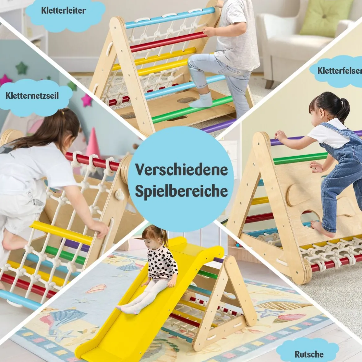 4 in 1 Kletterdreieck mit Rutsche Klettergerüst aus Holz62,5 x 64 x 57,5 cm