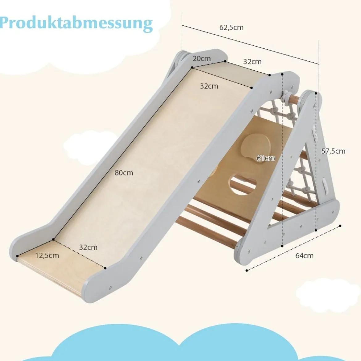 4 in 1 Kletterdreieck mit Rutsche Klettergerüst aus Holz62,5 x 64 x 57,5 cm