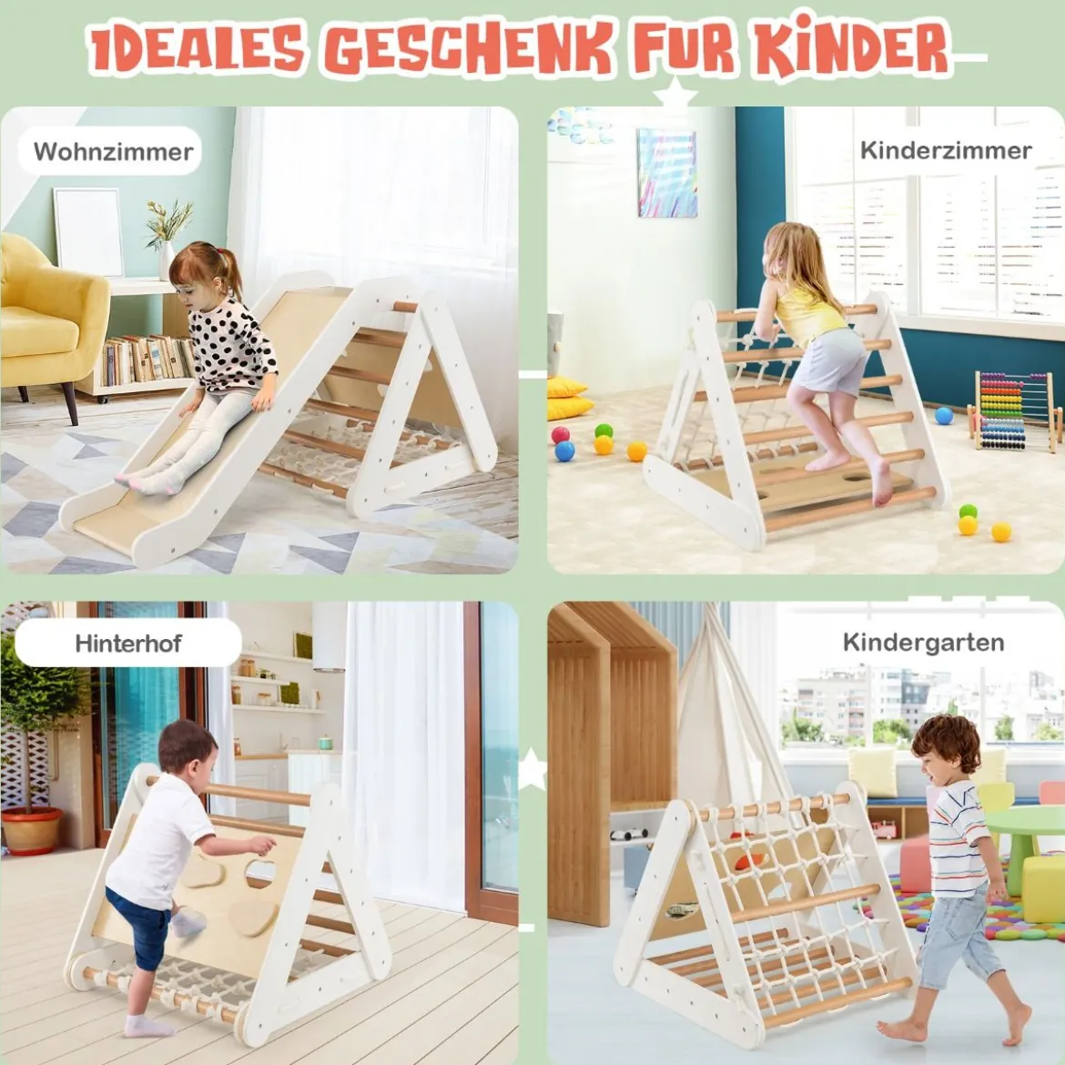 4 in 1 Kletterdreieck mit Rutsche Klettergerüst aus Holz62,5 x 64 x 57,5 cm