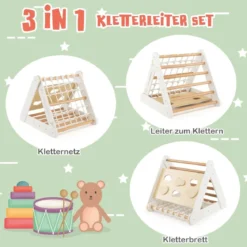 4 in 1 Kletterdreieck mit Rutsche Klettergerüst aus Holz62,5 x 64 x 57,5 cm