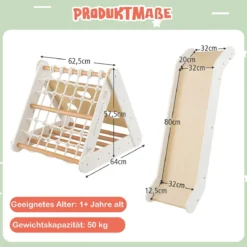 4 in 1 Kletterdreieck mit Rutsche Klettergerüst aus Holz62,5 x 64 x 57,5 cm