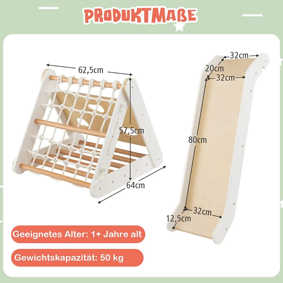 4 in 1 Kletterdreieck mit Rutsche Klettergerüst aus Holz62,5 x 64 x 57,5 cm