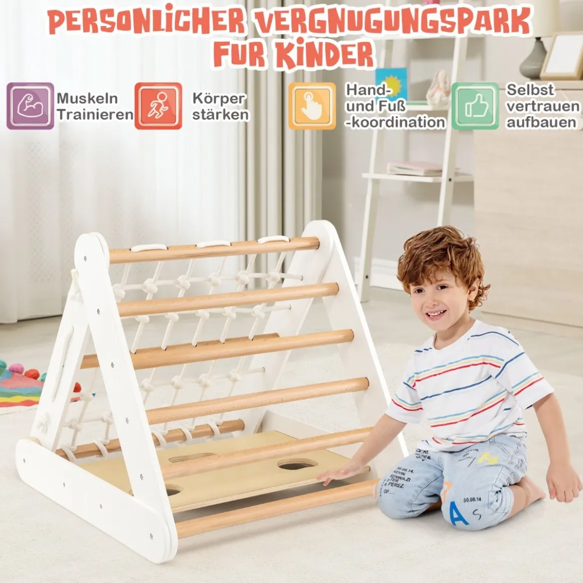 4 in 1 Kletterdreieck mit Rutsche Klettergerüst aus Holz62,5 x 64 x 57,5 cm