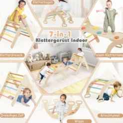 4 in 1 Kletterdreieck mit Rutsche & Kletterbogen & Doppelseitige Rampe Klettergerüst Natur/Bunt