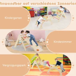 4 in 1 Kletterdreieck mit Rutsche & Kletterbogen & Doppelseitige Rampe Klettergerüst Natur/Bunt