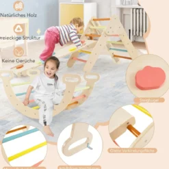 4 in 1 Kletterdreieck mit Rutsche & Kletterbogen & Doppelseitige Rampe Klettergerüst Natur/Bunt