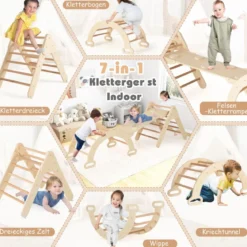 4 in 1 Kletterdreieck mit Rutsche & Kletterbogen & Doppelseitige Rampe Klettergerüst Natur/Bunt