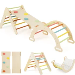 4 in 1 Kletterdreieck mit Rutsche & Kletterbogen & Doppelseitige Rampe Klettergerüst Natur/Bunt