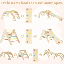 4 in 1 Kletterdreieck mit Rutsche & Kletterbogen & Doppelseitige Rampe Klettergerüst Natur/Bunt