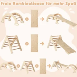 4 in 1 Kletterdreieck mit Rutsche & Kletterbogen & Doppelseitige Rampe Klettergerüst Natur/Bunt
