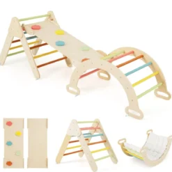 4 in 1 Kletterdreieck mit Rutsche & Kletterbogen & Doppelseitige Rampe Klettergerüst Natur/Bunt
