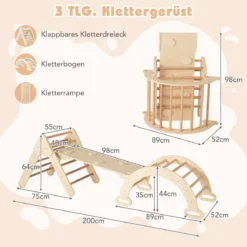 4 in 1 Kletterdreieck mit Rutsche & Kletterbogen & Doppelseitige Rampe Klettergerüst Natur/Bunt