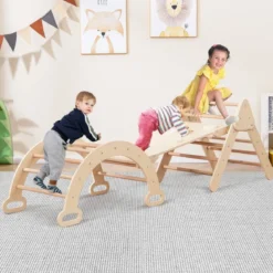 4 in 1 Kletterdreieck mit Rutsche & Kletterbogen & Doppelseitige Rampe Klettergerüst Natur/Bunt