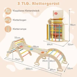 4 in 1 Kletterdreieck mit Rutsche & Kletterbogen & Doppelseitige Rampe Klettergerüst Natur/Bunt