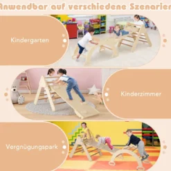 4 in 1 Kletterdreieck mit Rutsche & Kletterbogen & Doppelseitige Rampe Klettergerüst Natur/Bunt