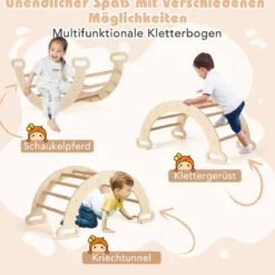 4 in 1 Kletterdreieck mit Rutsche & Kletterbogen & Doppelseitige Rampe Klettergerüst Natur/Bunt