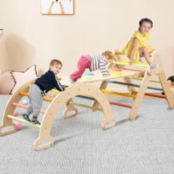 4 in 1 Kletterdreieck mit Rutsche & Kletterbogen & Doppelseitige Rampe Klettergerüst Natur/Bunt