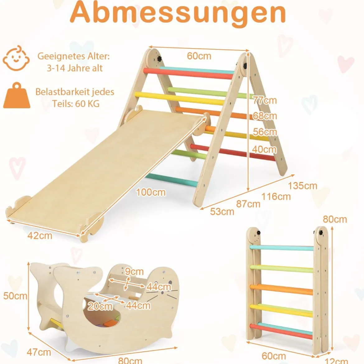 7 in 1 Klettergerüst Kletterdreieck mit Rutsche Kletterdreieck für Kinder ab 3 Jahren