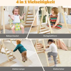 4 in 1 Klettergerüst mit Babyschaukel & Ruheplattform & Kletterrampe & Leiter Montessori Kletterset Natur