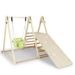 4 in 1 Klettergerüst mit Babyschaukel & Ruheplattform & Kletterrampe & Leiter Montessori Kletterset Natur