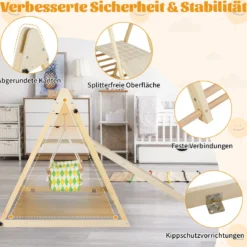 4 in 1 Klettergerüst mit Babyschaukel & Ruheplattform & Kletterrampe & Leiter Montessori Kletterset Natur