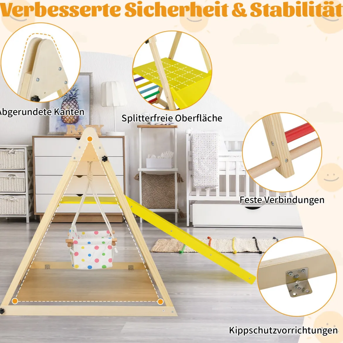 4 in 1 Klettergerüst mit Babyschaukel & Ruheplattform & Kletterrampe & Leiter Montessori Kletterset Bunt