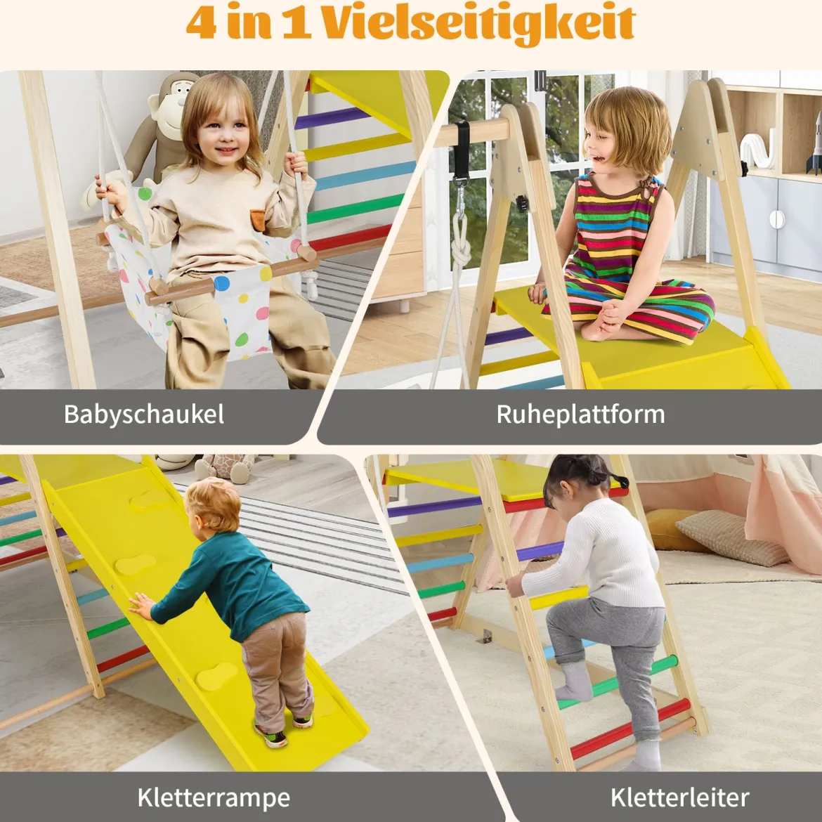 4 in 1 Klettergerüst mit Babyschaukel & Ruheplattform & Kletterrampe & Leiter Montessori Kletterset Bunt