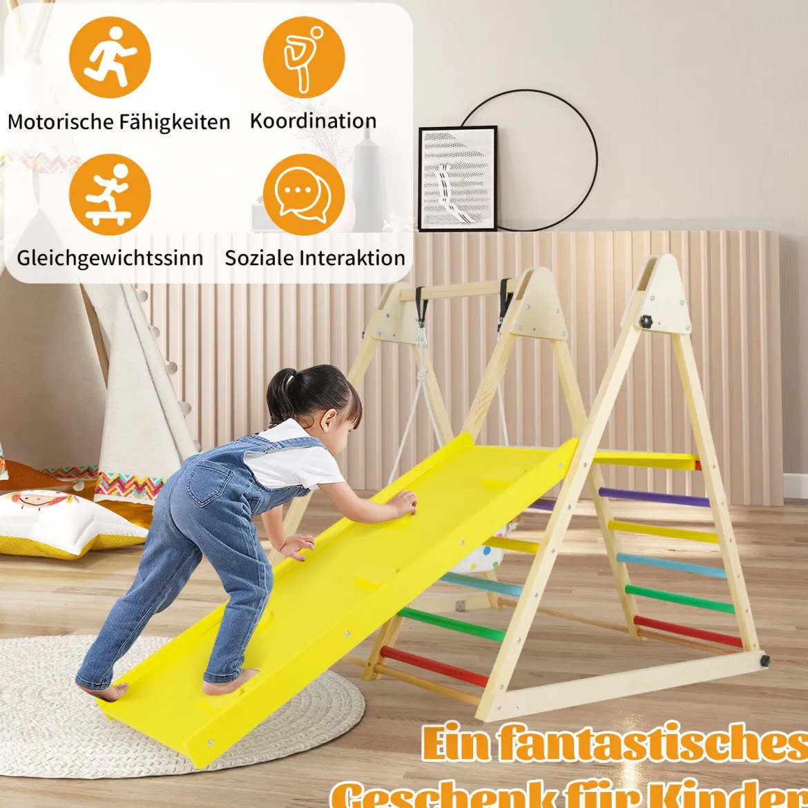 4 in 1 Klettergerüst mit Babyschaukel & Ruheplattform & Kletterrampe & Leiter Montessori Kletterset Bunt