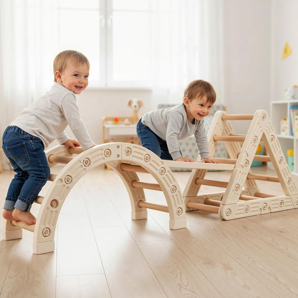 5 in 1 Klettergerüst mit Kletterbogen & Holzdreieck & Rutsche Kletterdreieck inkl. Doppelseitige Rampe