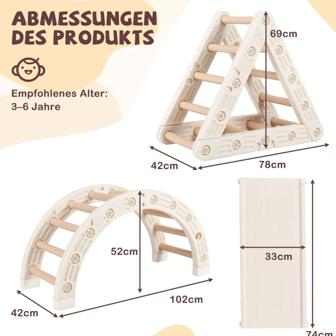 5 in 1 Klettergerüst mit Kletterbogen & Holzdreieck & Rutsche Kletterdreieck inkl. Doppelseitige Rampe