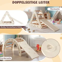 5 in 1 Klettergerüst mit Kletterbogen & Holzdreieck & Rutsche Kletterdreieck inkl. Doppelseitige Rampe