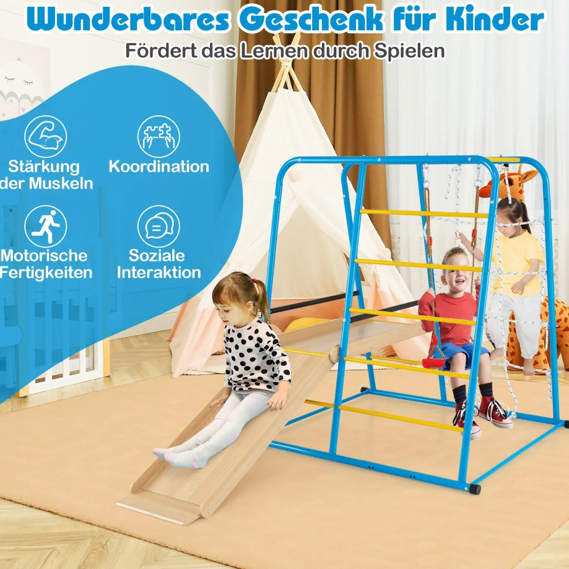 6 in 1 Klettergerüst Schaukel & Rutsche & Kletterstange & Kletterleiter & Seilwand für Kinder ab 3 Jahre