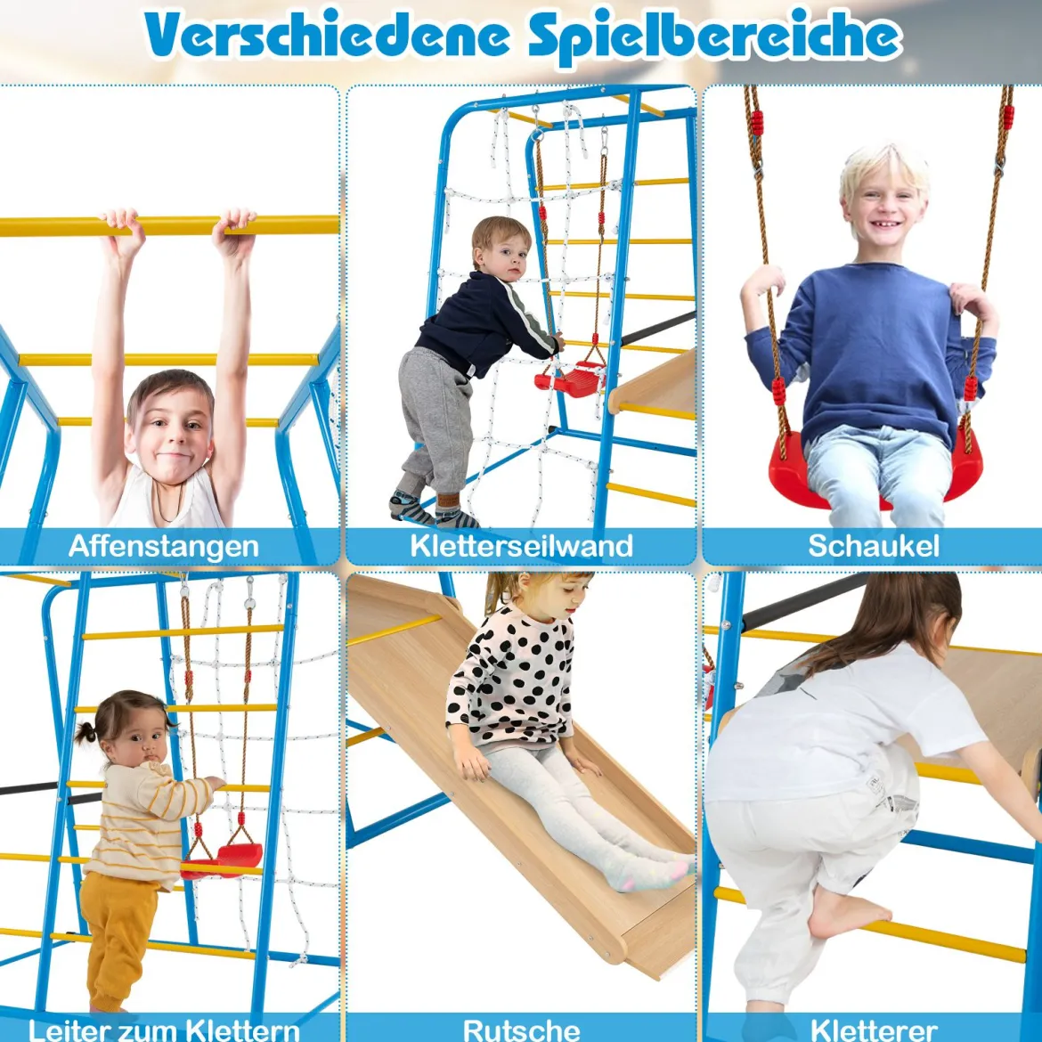 6 in 1 Klettergerüst Schaukel & Rutsche & Kletterstange & Kletterleiter & Seilwand für Kinder ab 3 Jahre
