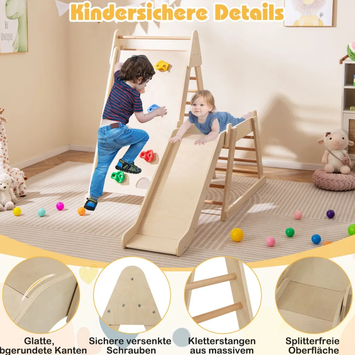 3 in 1 Kletterleiter & Kletterwand & Rutsche Indoor Klettergerüst zum Klettern & Rutschen Natur