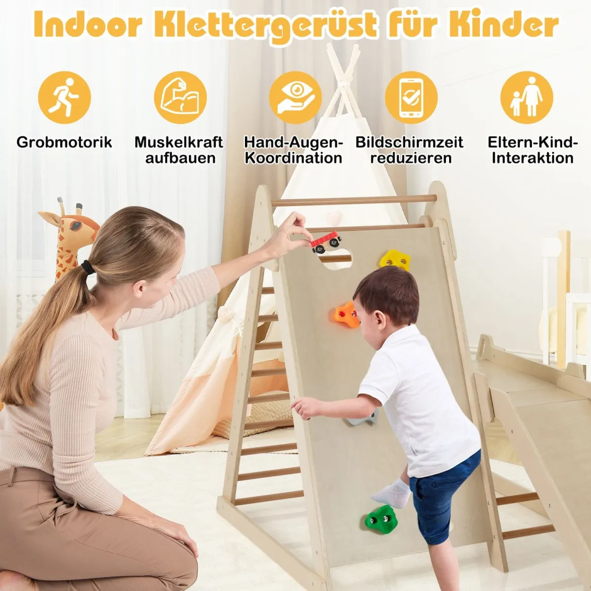 3 in 1 Kletterleiter & Kletterwand & Rutsche Indoor Klettergerüst zum Klettern & Rutschen Natur