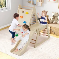 3 in 1 Kletterleiter & Kletterwand & Rutsche Indoor Klettergerüst zum Klettern & Rutschen Natur