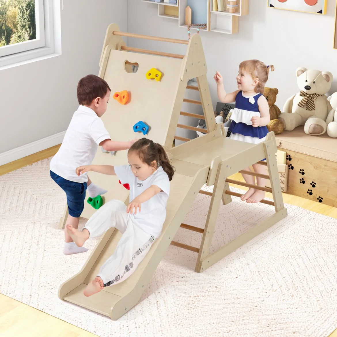 3 in 1 Kletterleiter & Kletterwand & Rutsche Indoor Klettergerüst zum Klettern & Rutschen Natur