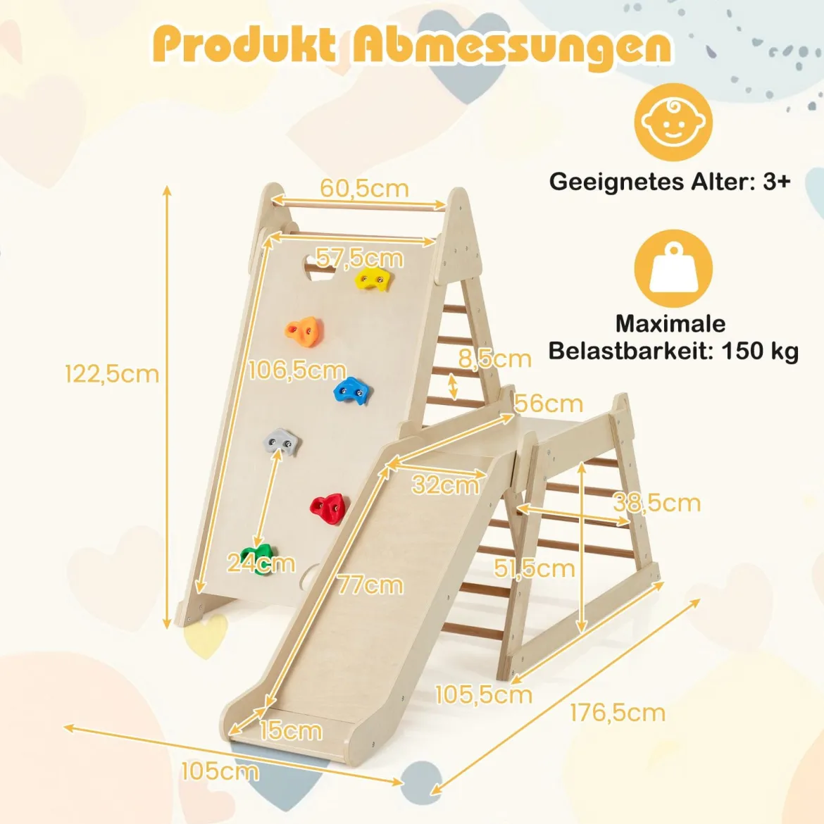 3 in 1 Kletterleiter & Kletterwand & Rutsche Indoor Klettergerüst zum Klettern & Rutschen Natur