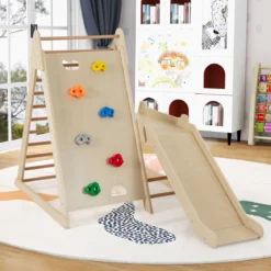 3 in 1 Kletterleiter & Kletterwand & Rutsche Indoor Klettergerüst zum Klettern & Rutschen Natur