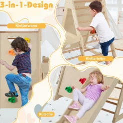 3 in 1 Kletterleiter & Kletterwand & Rutsche Indoor Klettergerüst zum Klettern & Rutschen Natur
