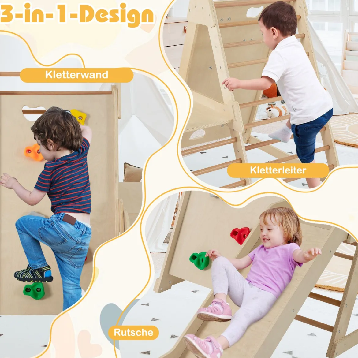 3 in 1 Kletterleiter & Kletterwand & Rutsche Indoor Klettergerüst zum Klettern & Rutschen Natur
