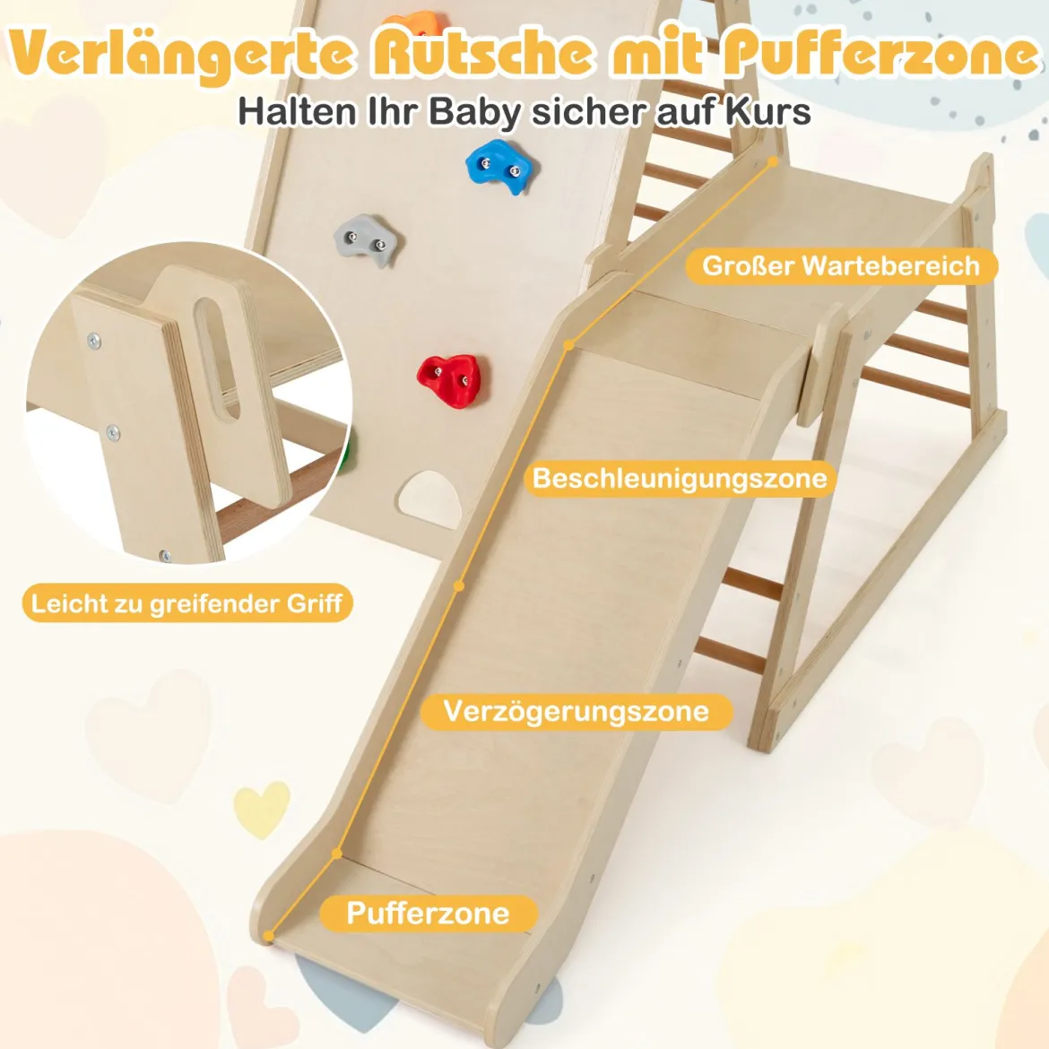 3 in 1 Kletterleiter & Kletterwand & Rutsche Indoor Klettergerüst zum Klettern & Rutschen Natur